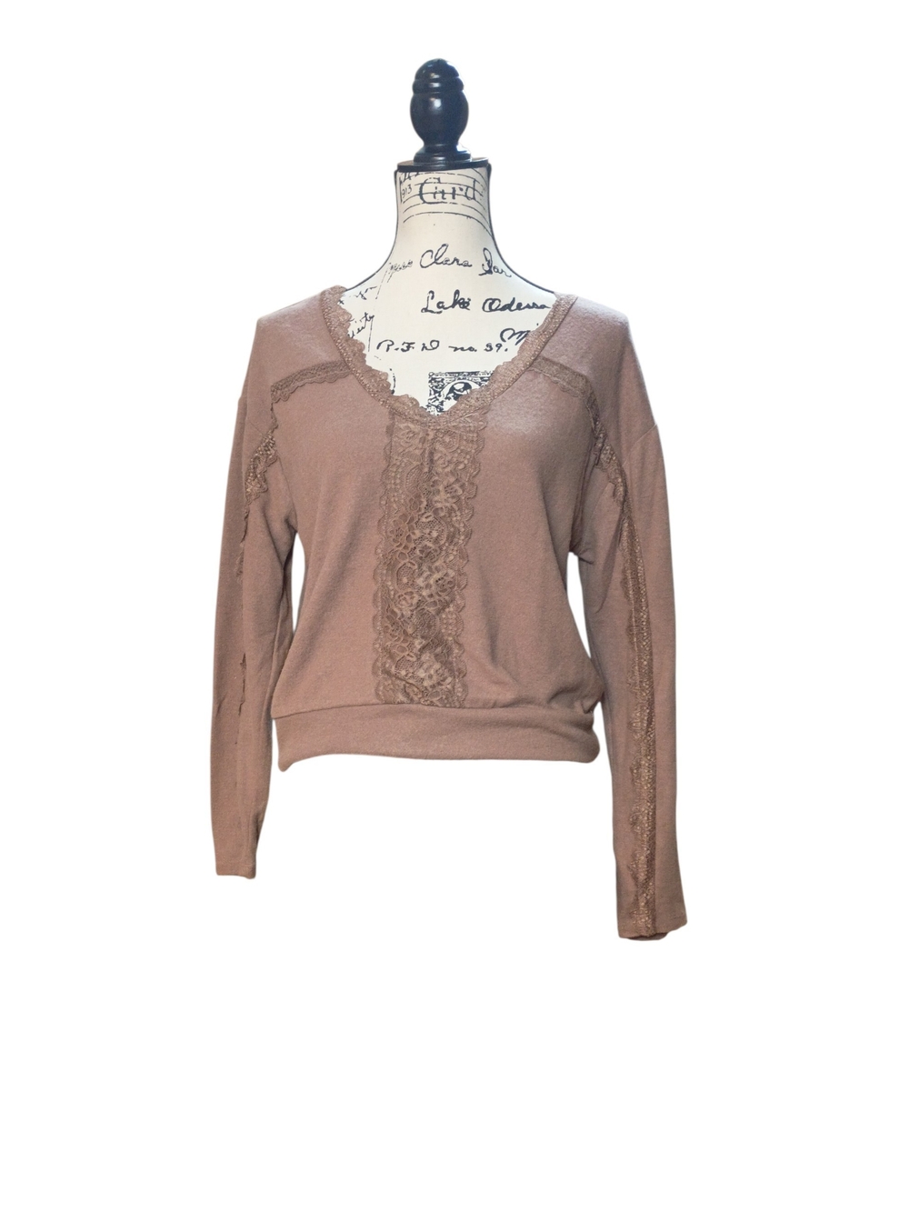 #1286 Self Esteem Brown Lace Inset Long Sleeve Top Size Medium